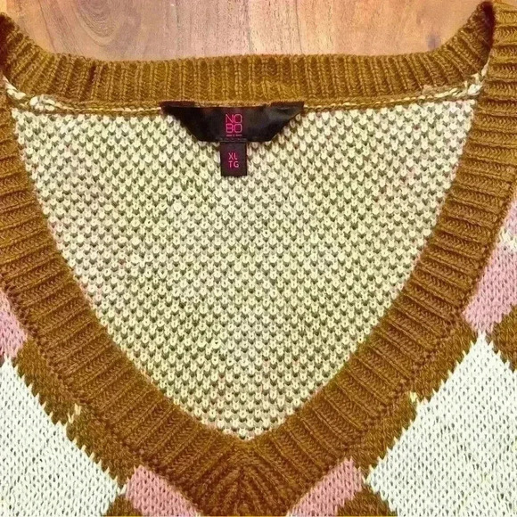 NOBO Y2K Oversized Diamond Pink & Brown V-neck Cropped Short Sweater Vest - Picture 5 of 13